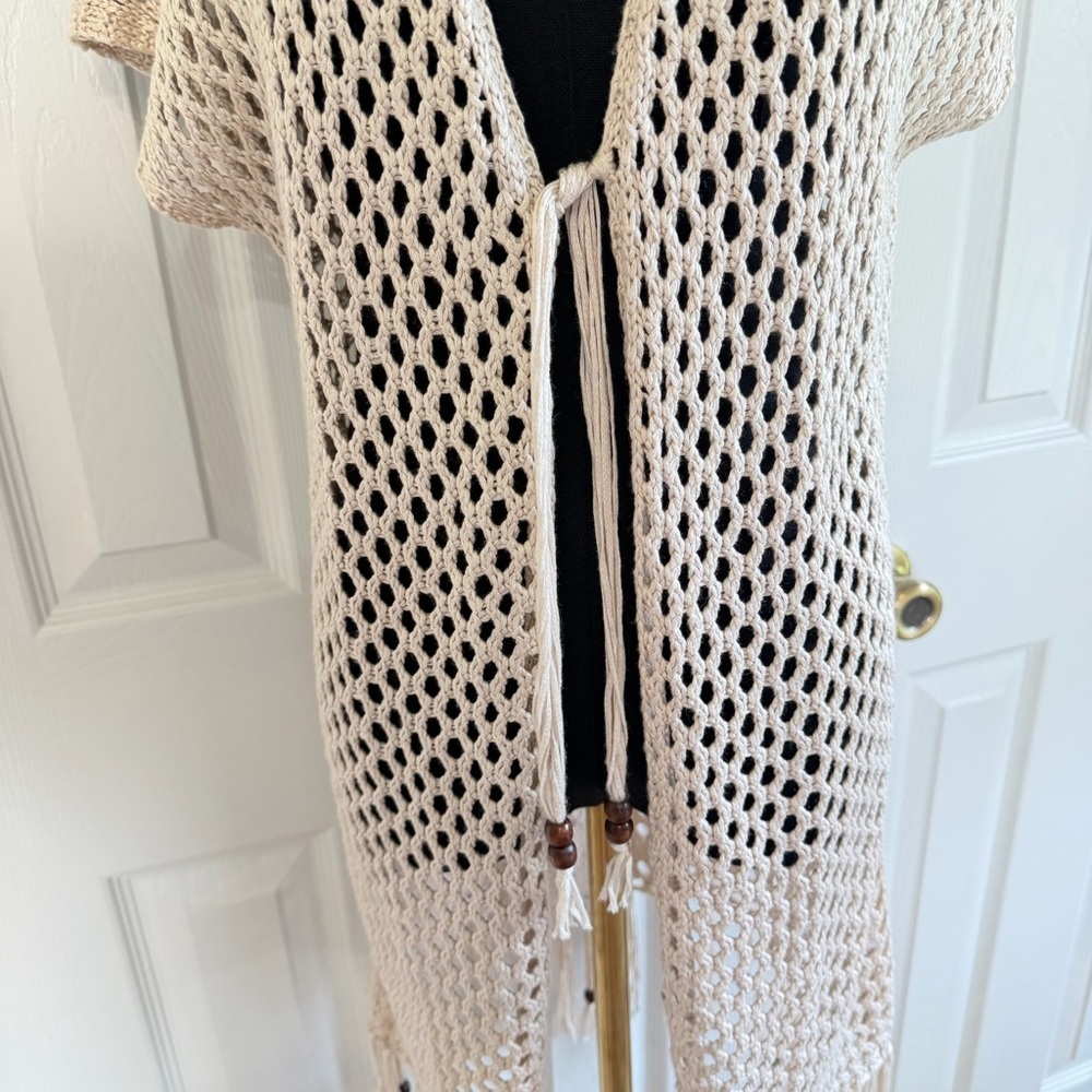 Artesia Cream Crochet Fringe small boho knit beach coverup cardigan festival - Picture 7 of 9